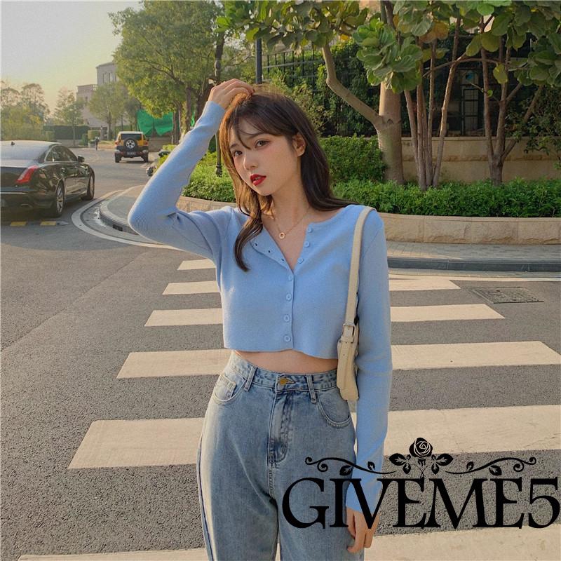 Áo Thun Lửng Dệt Kim Tay Dài Cài Nút Màu Trơn Giản Dị Thời Trang Cho Nữ