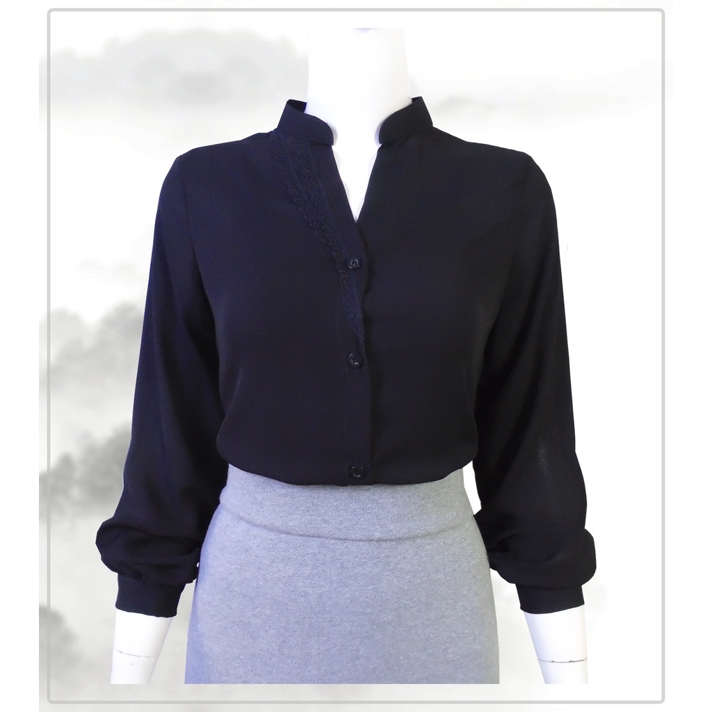 Áo somi cổ trụ, tay dài, màu đen phối ren, voan _ T 263 309