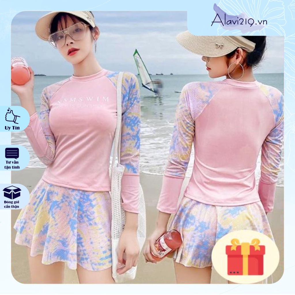 Bikini Dài Tay Đồ Bơi Nữ váy Hàn Quốc 2022 Hoa Xanh Hai Mảnh Cạp Cao Quảng Châu PT01