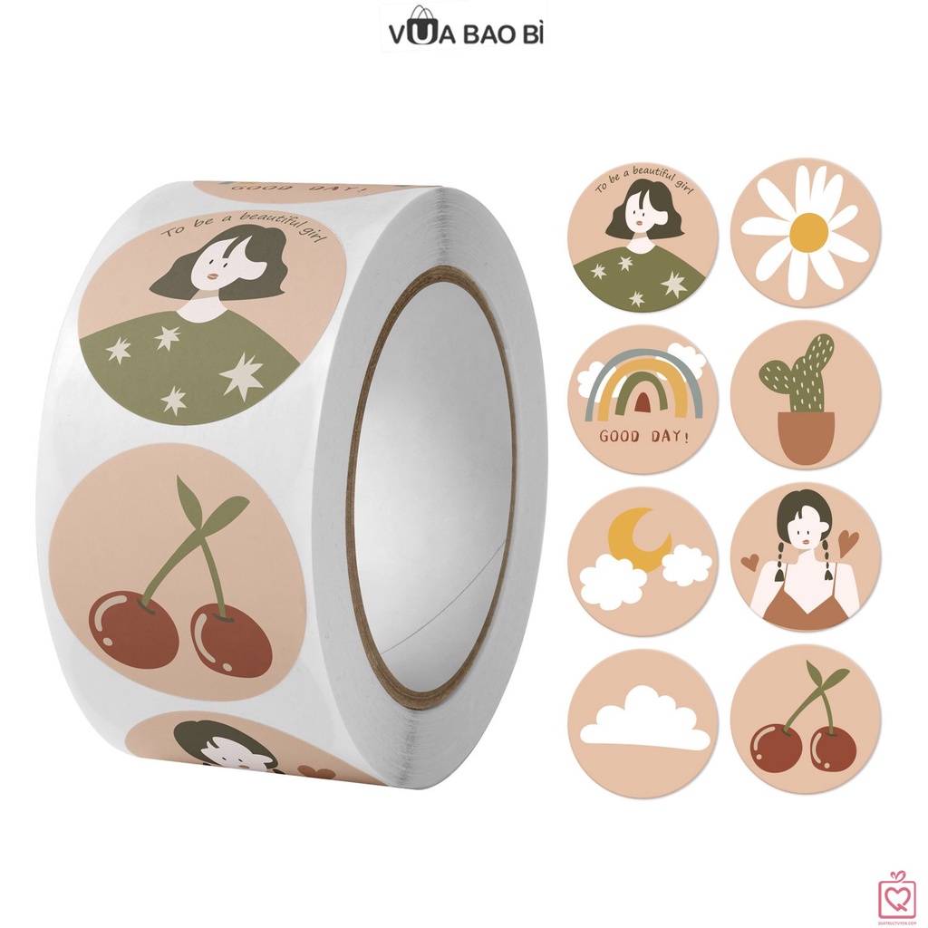 Cuộn 500 Sticker tròn niêm phong dán hộp túi đóng hàng TE03, decal nhãn dán trang trí bao bì dễ thương
