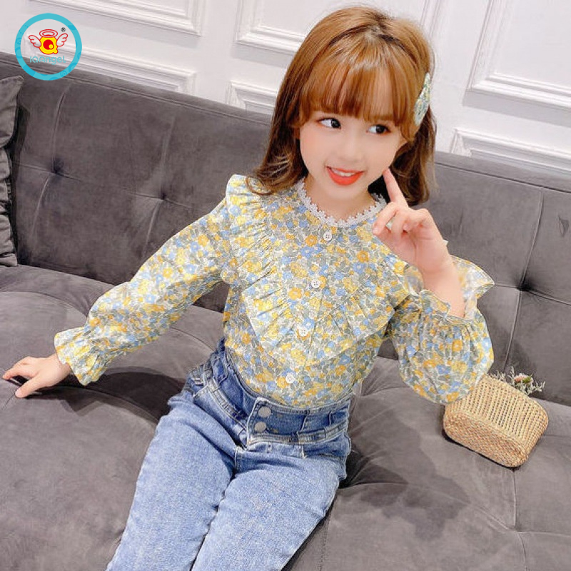 Áo sơ mi IQ Angel tay dài bằng vải cotton in hoa dành cho bé gái