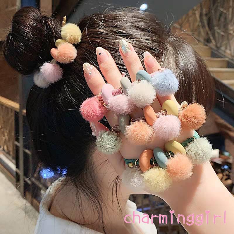 Dây cột tóc đính bóng lông co giãn cao chống trượt dành cho nữ