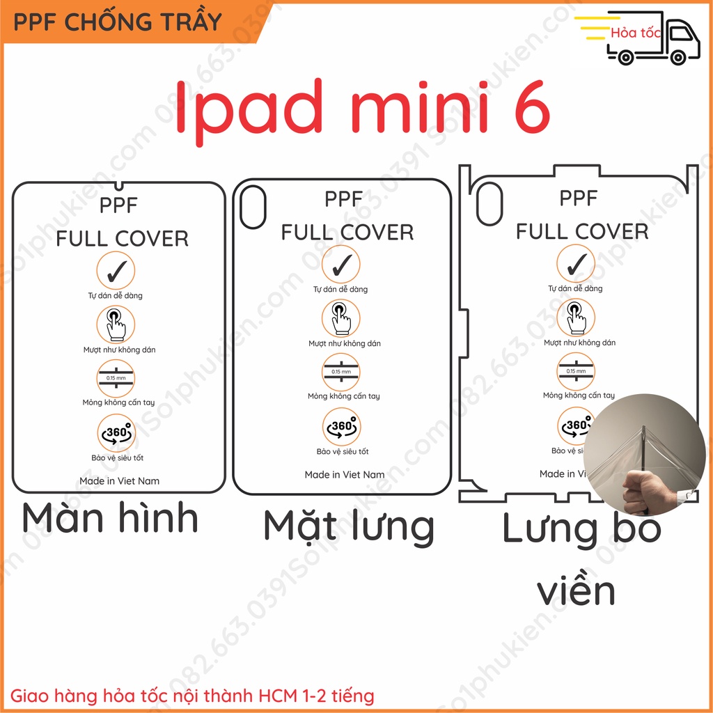 Dán PPF iPad Mini 6 (2021) loại nhám, bóng dành cho màn hình, mặt lưng, mặt lưng full viền