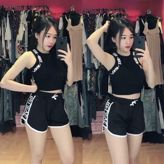 Bộ thể thao tập gym áo viền chữ + quần chữ