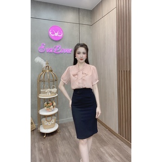 Sơ mi nữ voan tơ cúc ngọc cổ nơ
