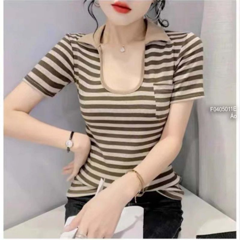 Áo len sọc cổ bẻ xẻ U một túi tay ngắn hàng Quảng Châu 0405