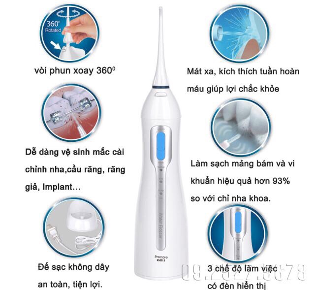 Máy tăm nước Procare du lịch KHD13 Tặng kèm 1 gói tăm chỉ kẽ răng hoặc 1 vỉ bàn chải kẽ