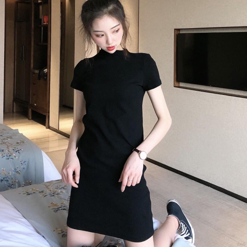 Đầm Tay Ngắn Cổ Tròn Màu Trơn Thiết Kế Đơn Giản Phong Cách Hàn Quốc