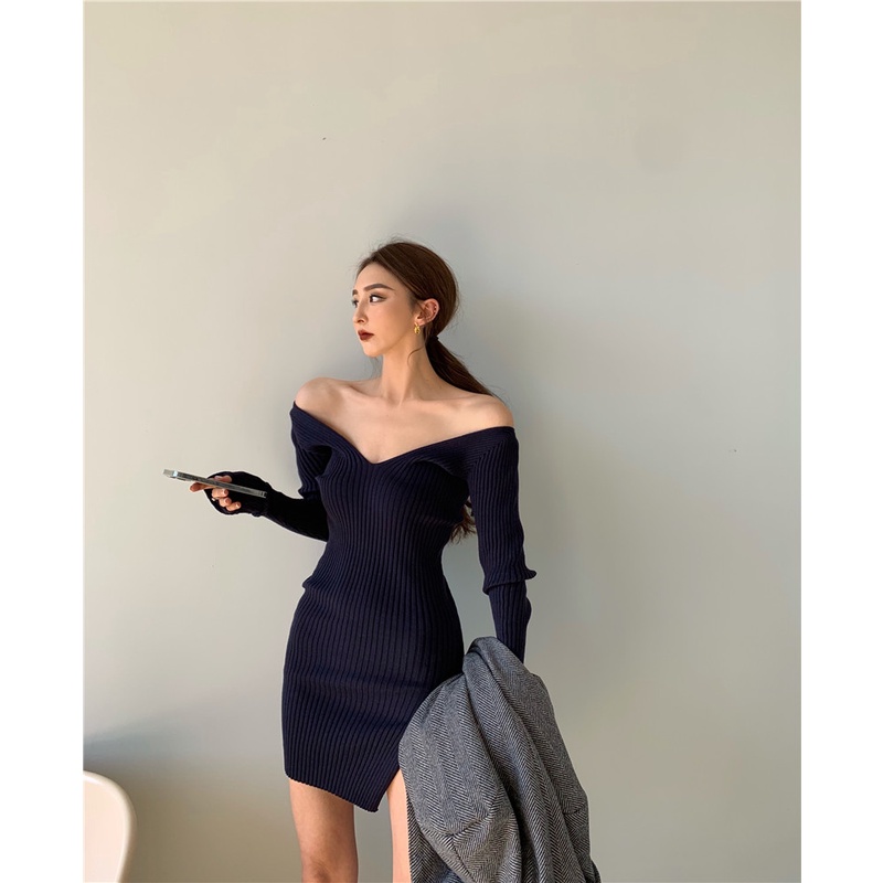 DUNEA Đầm Dệt Kim Tay Dài Cổ Chữ V Thời Trang Trẻ Trung Cho Nữ