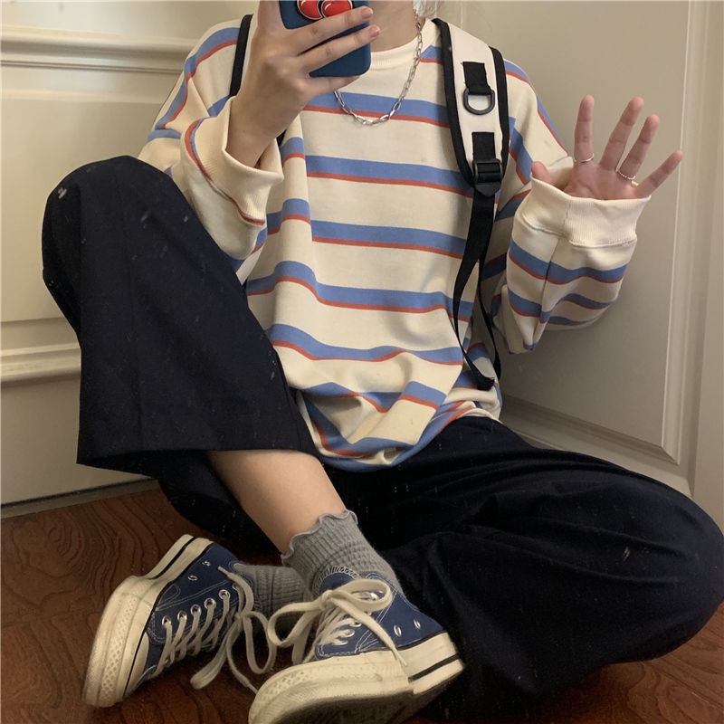 Áo Sweater Mỏng Cổ Tròn Dáng Rộng In Kẻ Sọc Kiểu Hàn Quốc Thời Trang 2022 Cho Nữ