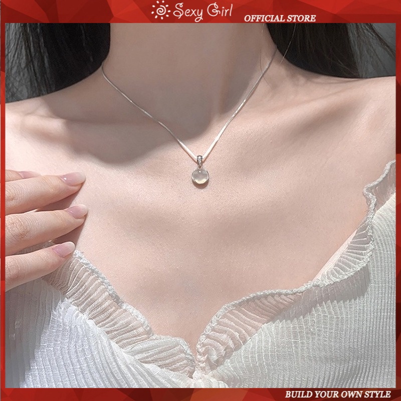 vòng cổ Nữ Mặt Tròn Đá Canxedon Trắng Phong Cách Hàn Quốc