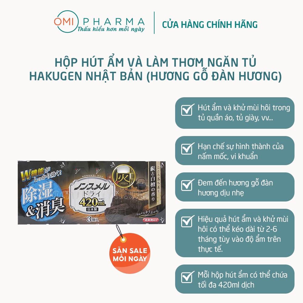 Hộp Hút Ẩm Và Làm Thơm Quần Áo, Tủ Giày… Hakugen Nhật Bản Hương Gỗ Đàn Hương ( Bộ 3 hộp, 420ml/ hộp)