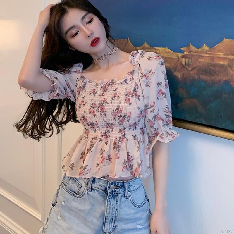 Áo Sơ Mi Vải Voan Cổ Vuông In Hoa Xinh Xắn Phong Cách Retro Hàn Quốc Cho Phụ Nữ