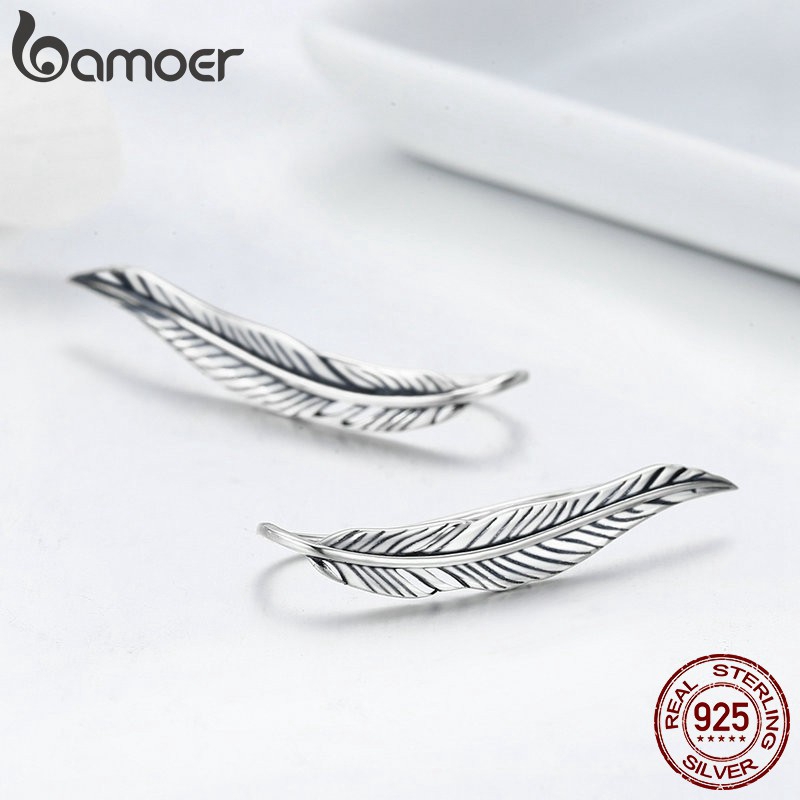 Bông Tai Bamoer Bằng Bạc 925 Hình Lông Vũ Xinh Xắn