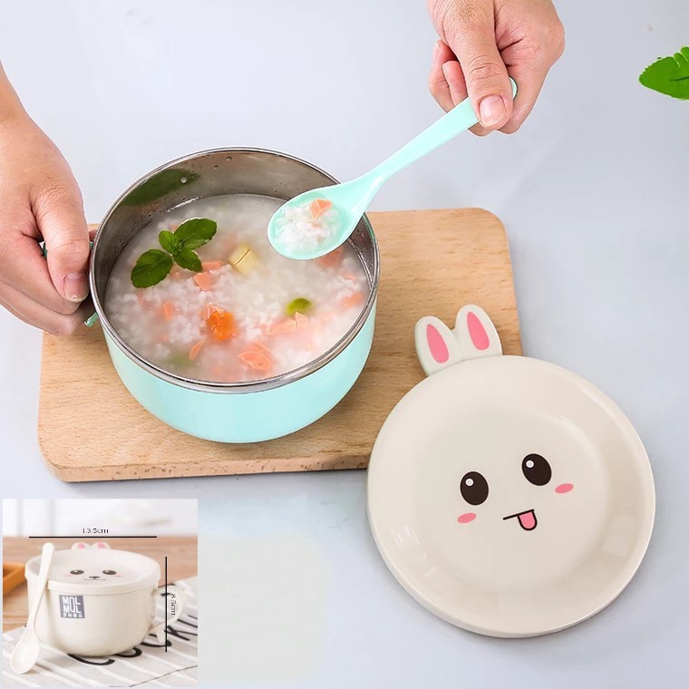 Bát ăn mì, bát úp mì tôm inox 2 lớp cách nhiệt hình thú dễ thương có nắp đậy