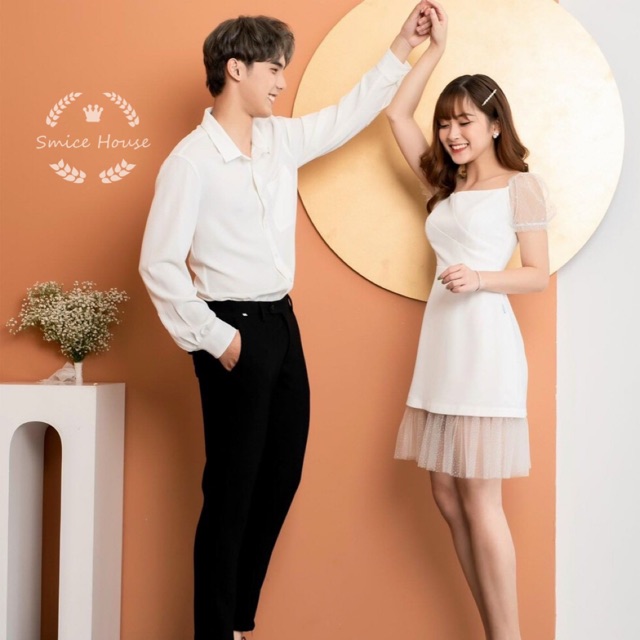 Set áo đầm đôi nam nữ hàn quốc chụp hình cưới, áo cặp tình nhân màu trắng đầm xòe phối lưỡi