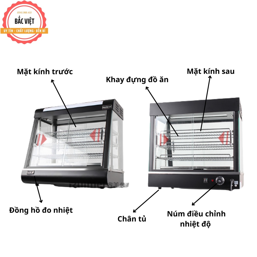 Tủ giữ nóng trưng bày thực phẩm loại 3 khay kính vuông BV 601 - Bảo hành 12 tháng