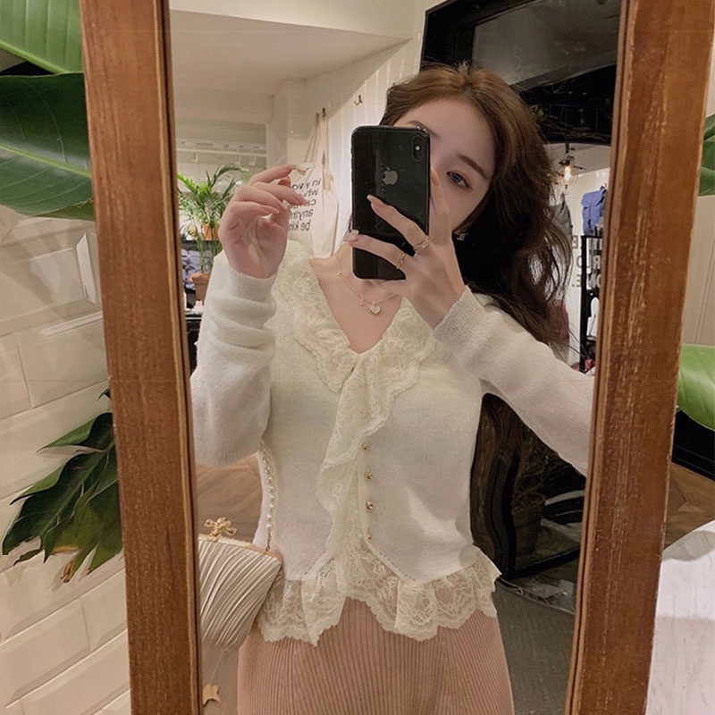 Áo Dệt Kim Phối Ren Phong Cách Hàn Quốc Thời Trang Cho Nữ