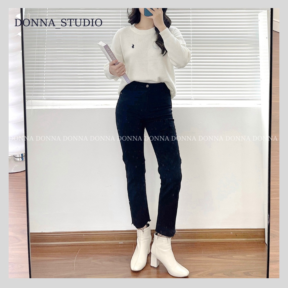 Quần Jean Nữ Ống Đứng Đen Không Gấu DONNA Quần Bò Lưng Cao Dễ Phối Đồ