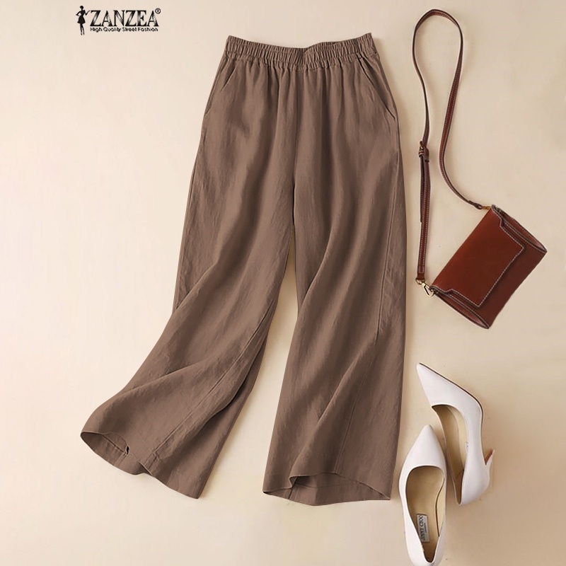 Quần dài ZANZEA ống rộng lưng thun có túi phong cách vintage thời trang đơn giản dành cho nữ