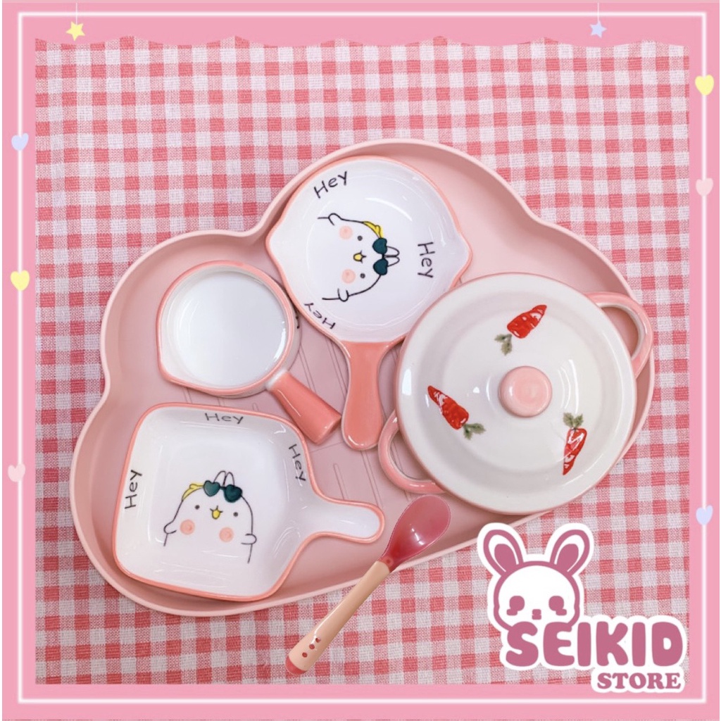 Combo Set Bát Sứ Ăn Dặm Cho Bé Hoạ Tiết Ngộ Nghĩnh Kèm Khay Seikid Store (tặng kèm thìa báo nóng)