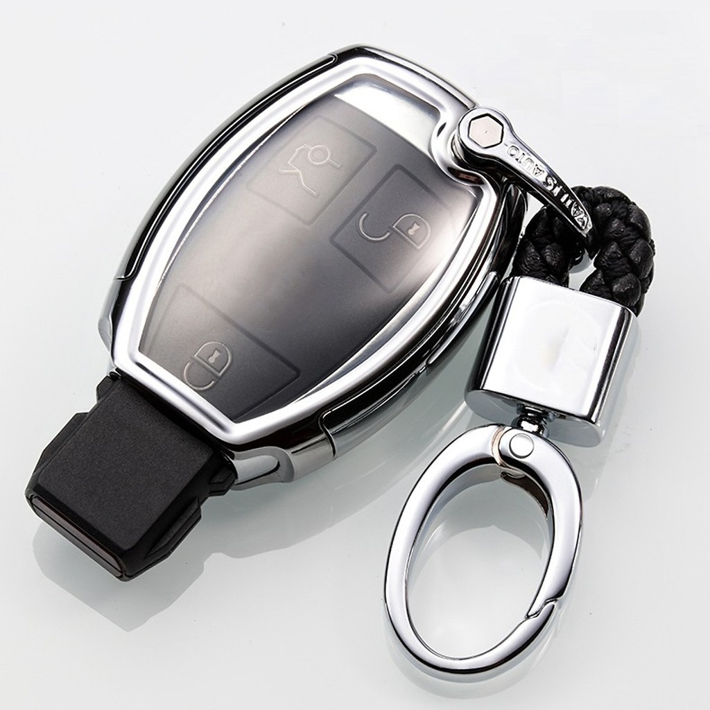 Ốp chìa khóa xe Mercedes,chất liệu silicon kèm móc đeo Inox,  màu tráng gương bảo vệ chìa khóa