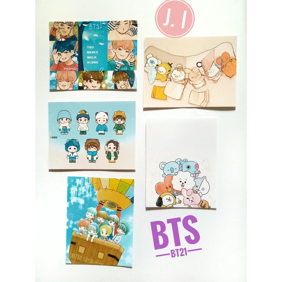 Set 5 thẻ ảnh dán trang trí tủ lạnh, tường, bàn học, sổ, vở hình BTS anime, chibi, BT21