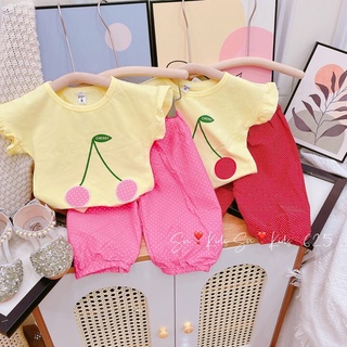 Xả Set cherry quần chấm bi bé gái