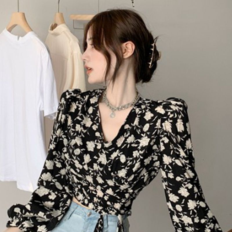 Áo kiểu COZOKC tay dài cổ chữ V họa tiết hoa phong cách cổ điển Hong Kong