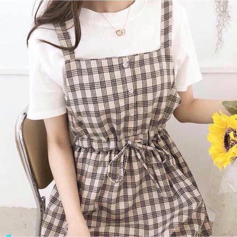 Sét Váy Yếm Kẻ Kèm Áo Thun Rút Eo Siêu Xinh