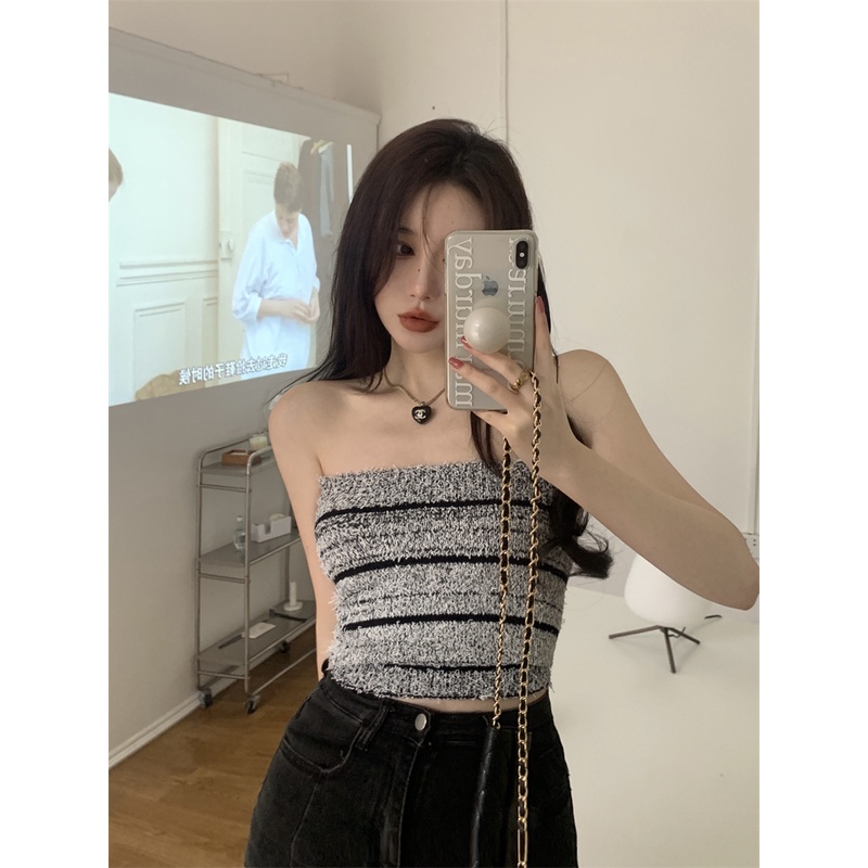 Hàng Có Sẵn Áo Ống Ống Ngắn Mỏng Kẻ Sọc Gợi Cảm Quyến Rũ Thời Trang Hàn Quốc Cho Nữ Mặc Bên Ngoài