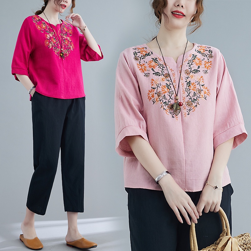 ☻ L O T U S ☻ Plus Áo Kiểu Cổ Chữ V Tay Ngắn Thêu Họa Tiết Cổ Điển CAL1733