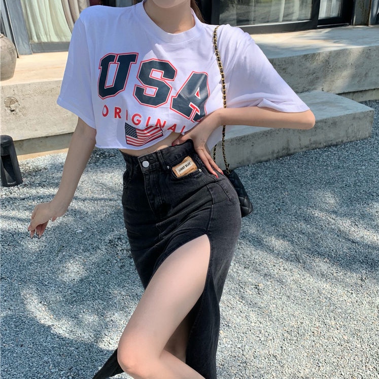Set Áo Thun Ngắn Tay Và Chân váy jean Xẻ Tà Thời Trang Dành Cho Nữ