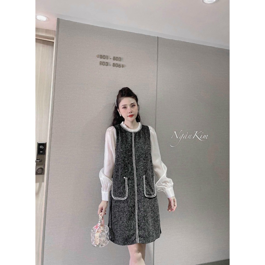 váy suông dài tay phối trắng 2 túi hộp điệu đà chất xước | BigBuy360 - bigbuy360.vn