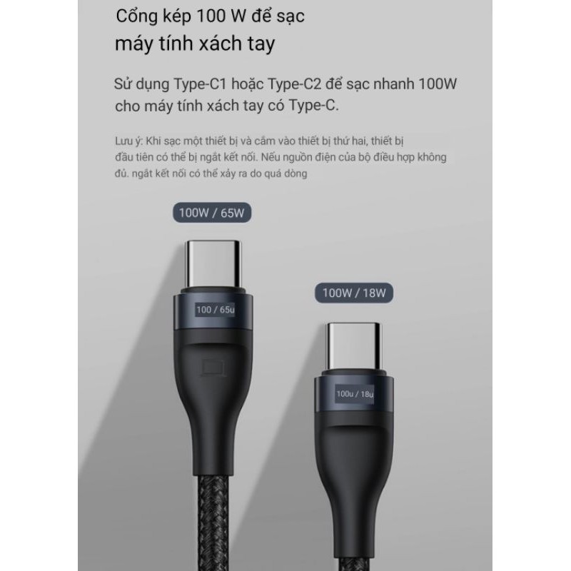 Cáp Sạc 100W TypeC to 2 TypeC Cho MacBook / Laptop Ipad Samsung Huawei