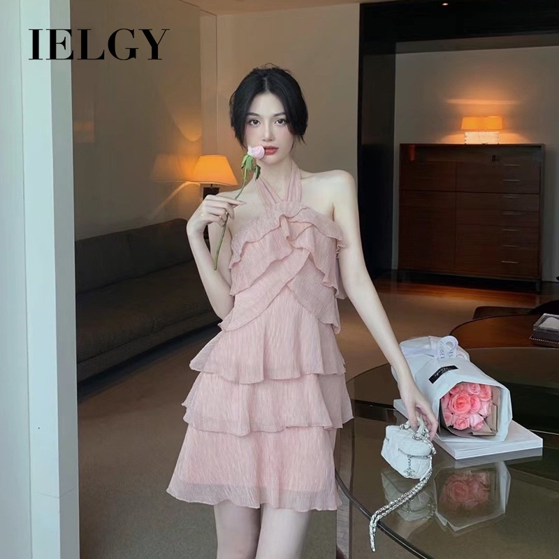 Đầm ngắn IELGY hở lưng không tay diềm xếp nếp phong cách mùa hè cho nữ