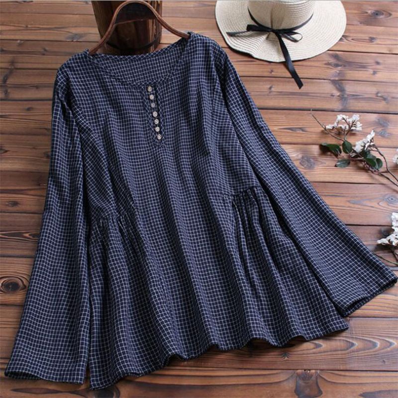 Áo Sơ Mi Dài Tay Chất Liệu Cotton Lanh Dáng Rộng Hoa Văn Kẻ Ô Giản Dị Dành Cho Nữ