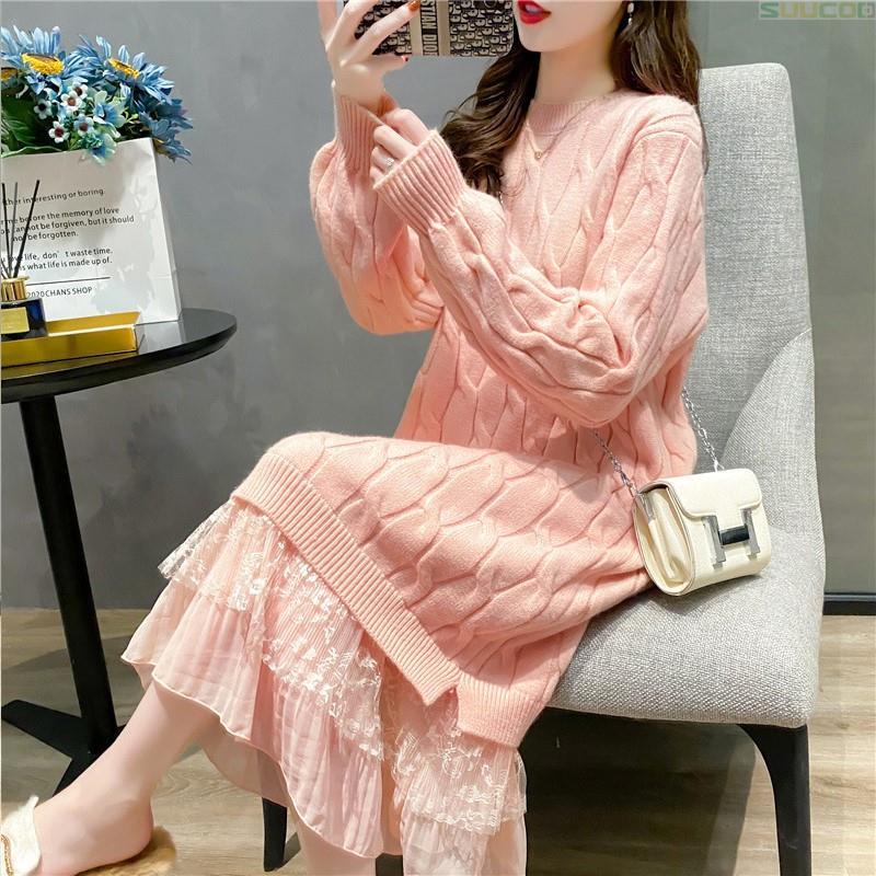 Đầm dệt kim dáng rộng phối ren màu trắng phong cách Hàn Quốc mới 2021