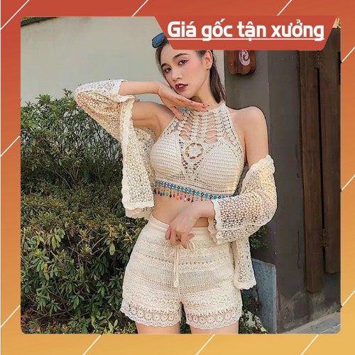 [ 3 món ] Set Bikini đi biển cổ yếm đính hạt hàng chuẩn