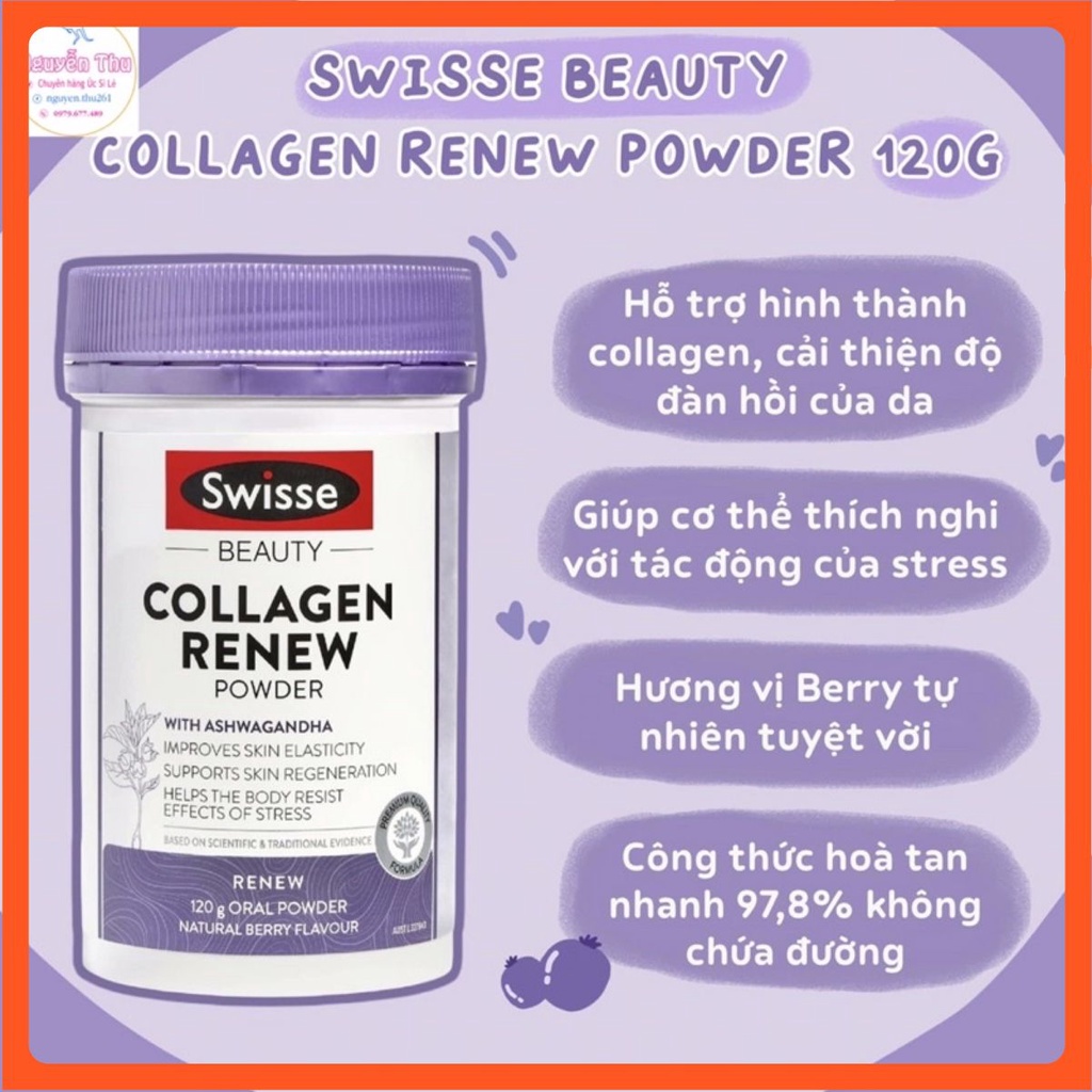 Bột uống đẹp da, căng bóng da, bổ sung collagen ngủ ngon Bột Swisse Collagen Renew Powder 120gram