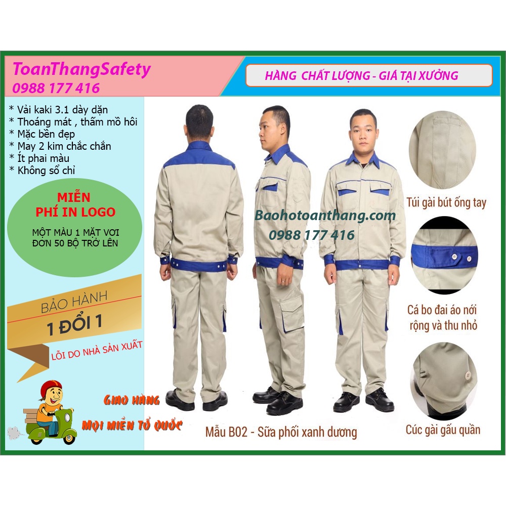 Bộ quần áo bảo hộ lao động kaki túi hộp -cúc cài - Màu ghi sữa phối xanh dương