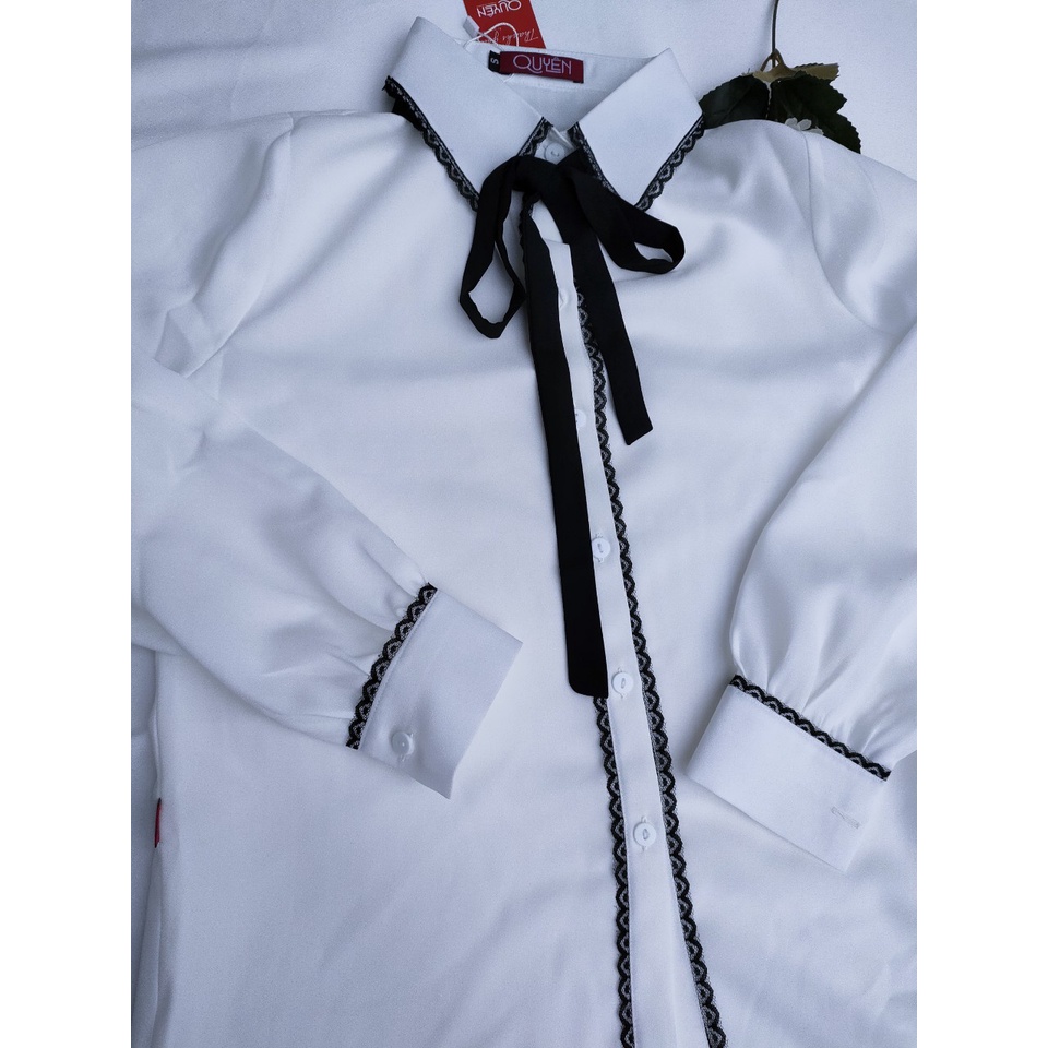 Áo Sơ Mi Công Sở Nữ Tay Dài ,Cổ Phối Ren thắt nơ Thời Trang Quyên AA QUYÊN 009