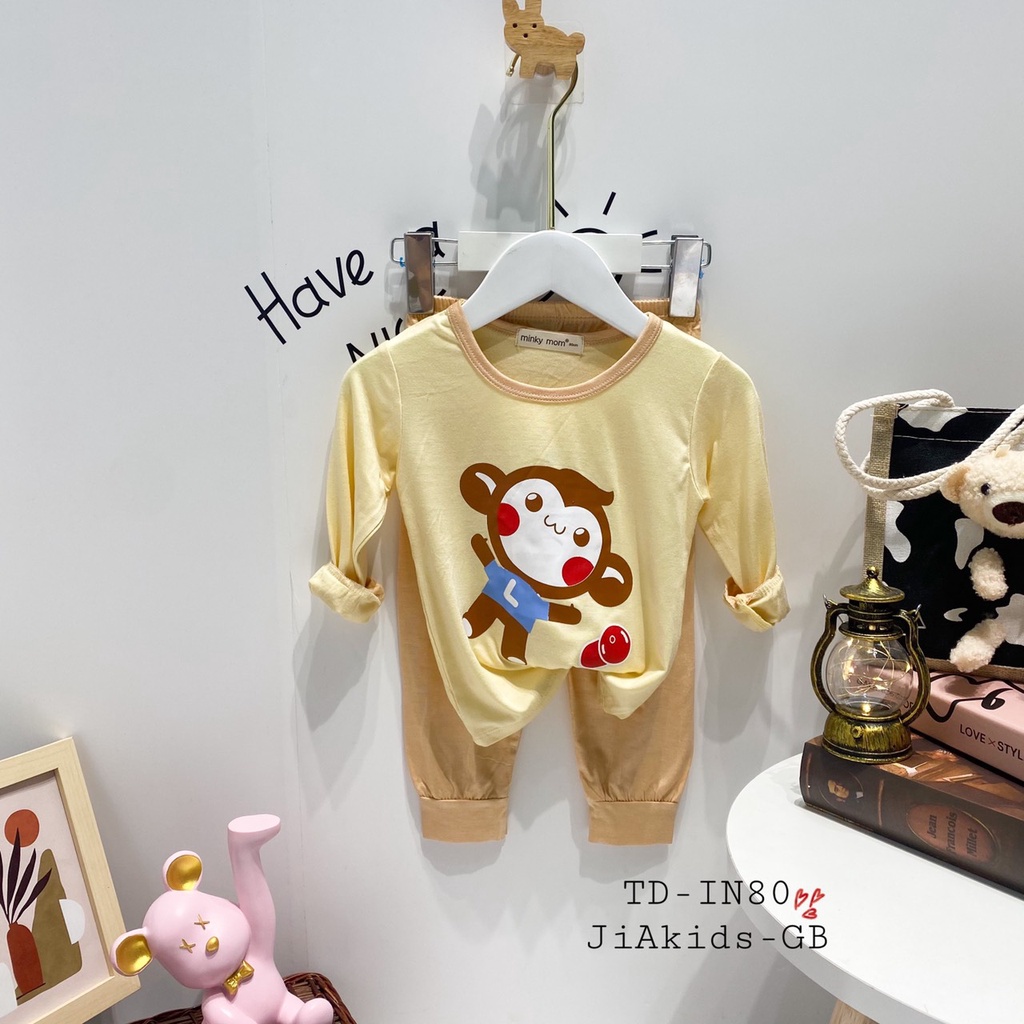 Bộ Dài Tay THUN LẠNH MINKY MOM In Thân Áo Phối Màu Viền Quần Cho Bé TD-IN80