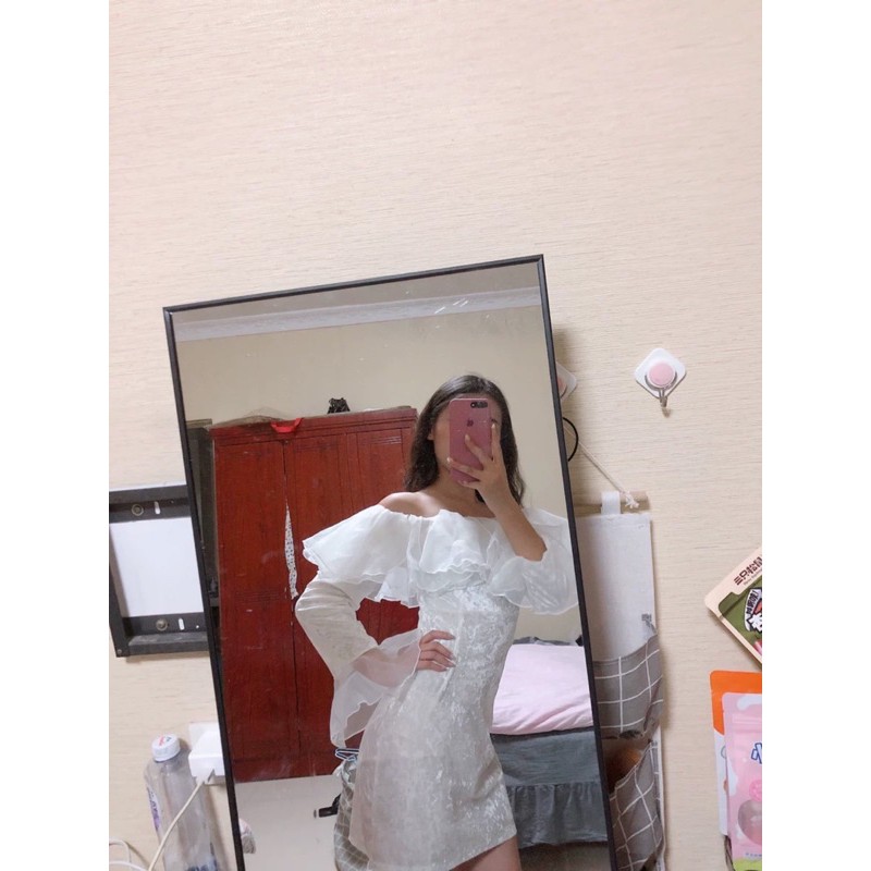 ♥️Đầm,Váy Nhung Trắng Bèo NgựcFzszie dưới 55kg