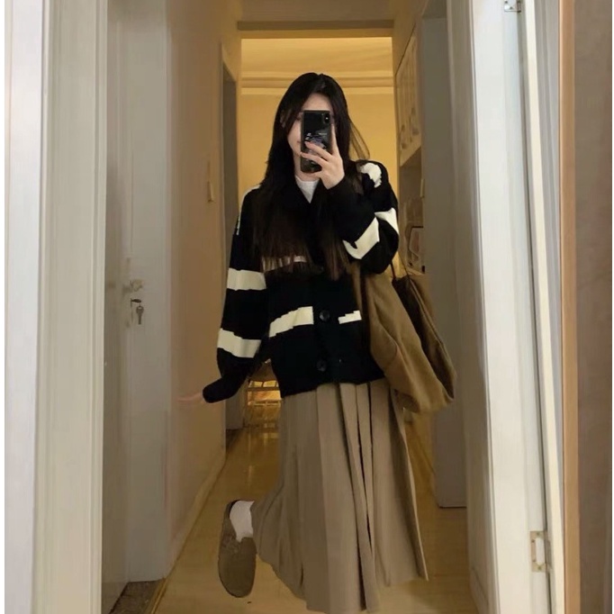 Áo khoác len cardigan Forgirl phối kẻ sọc ngang lớn phối cúc