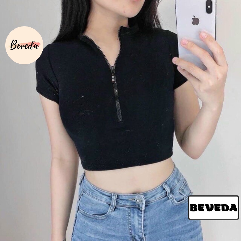 Áo Croptop Kiểu Cổ Trụ Dây Kéo Trước Ngực