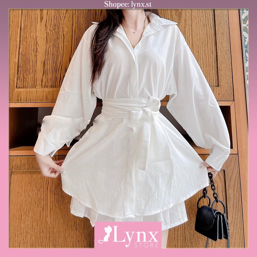 Bộ Váy Sơ Mi Trắng Dây Eo 🦋 Set Váy Đũi Dài Tay Kèm Chân Váy 🦋 | BigBuy360 - bigbuy360.vn