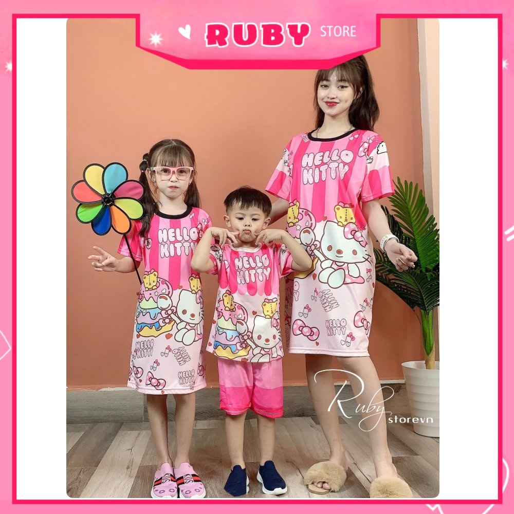 Đầm thun phom rộng suông mẹ và bé mặc nhà size đến 70kg chất thun mềm mát in Doremon Kitty dễ thương DAMRB FULL SIZE