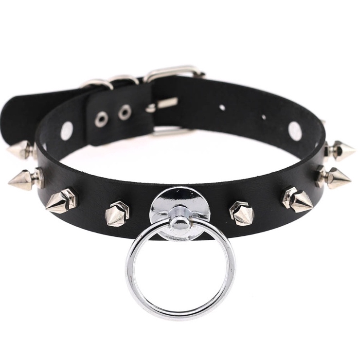 Màu bạc O-Round Spike Vòng cổ nữ Cổ áo khai thác cho phụ nữ 2019 Punk Leather Chocker Trang sức gothic