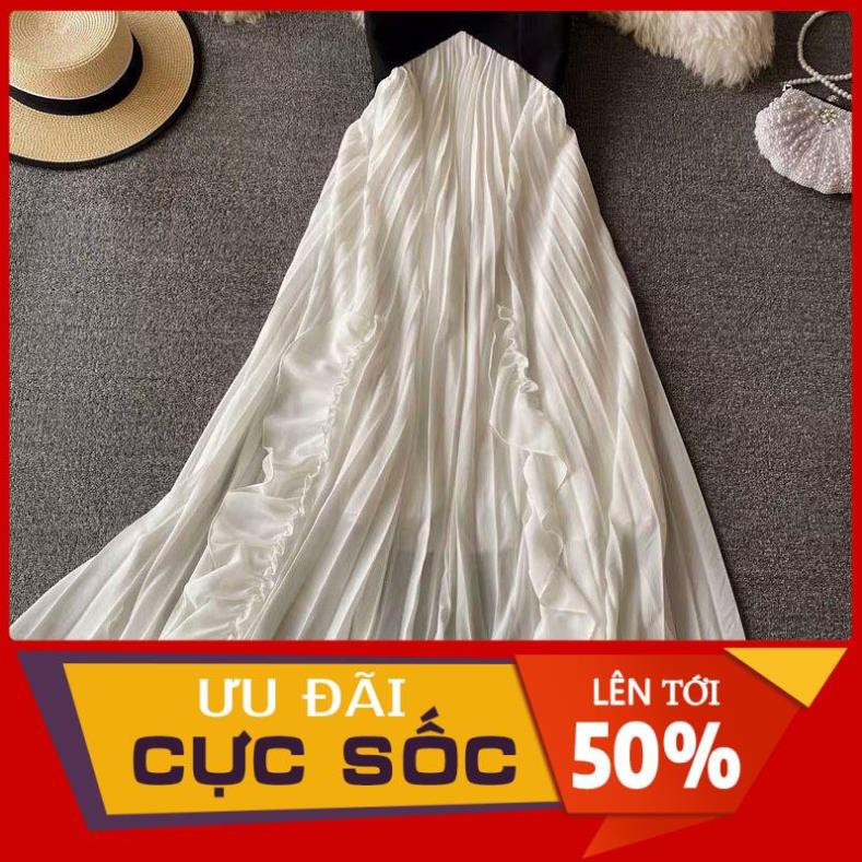CHÍNH GỐC QUẢNG CHÂU RẺ Đầm maxi dập ly 2 dây trắng đen hàng Quảng Châu